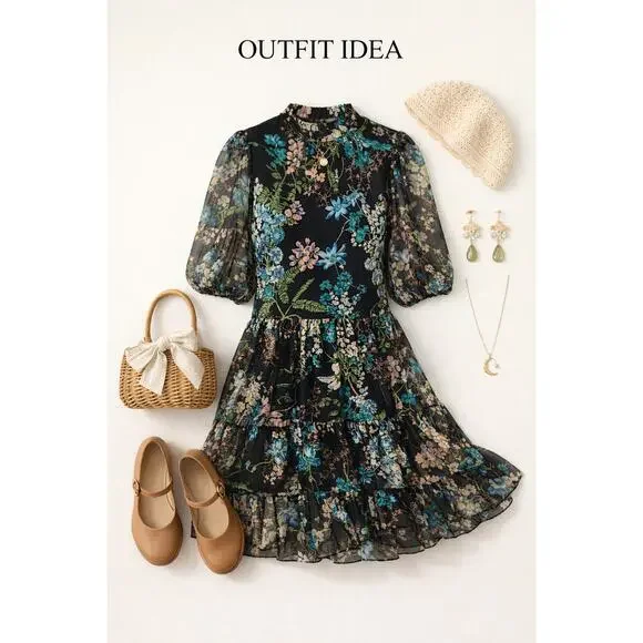 Melonie T Dress Sz 12 Black Floral Chiffon Ruffle Neck Cottage Whimsigoth Fairy - Picture 2 of 14